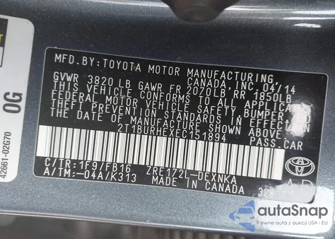 2014 Toyota Corolla Le из США, поврежденный, VIN 2T1BURHEXEC151894